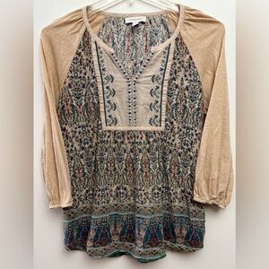 Vintage America Beige Red Green & Blue Blouse w/Embroidery